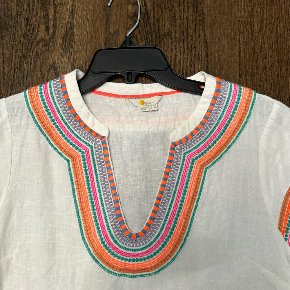 Boden White Mini kaftan Dress with Multicolor Embroidery